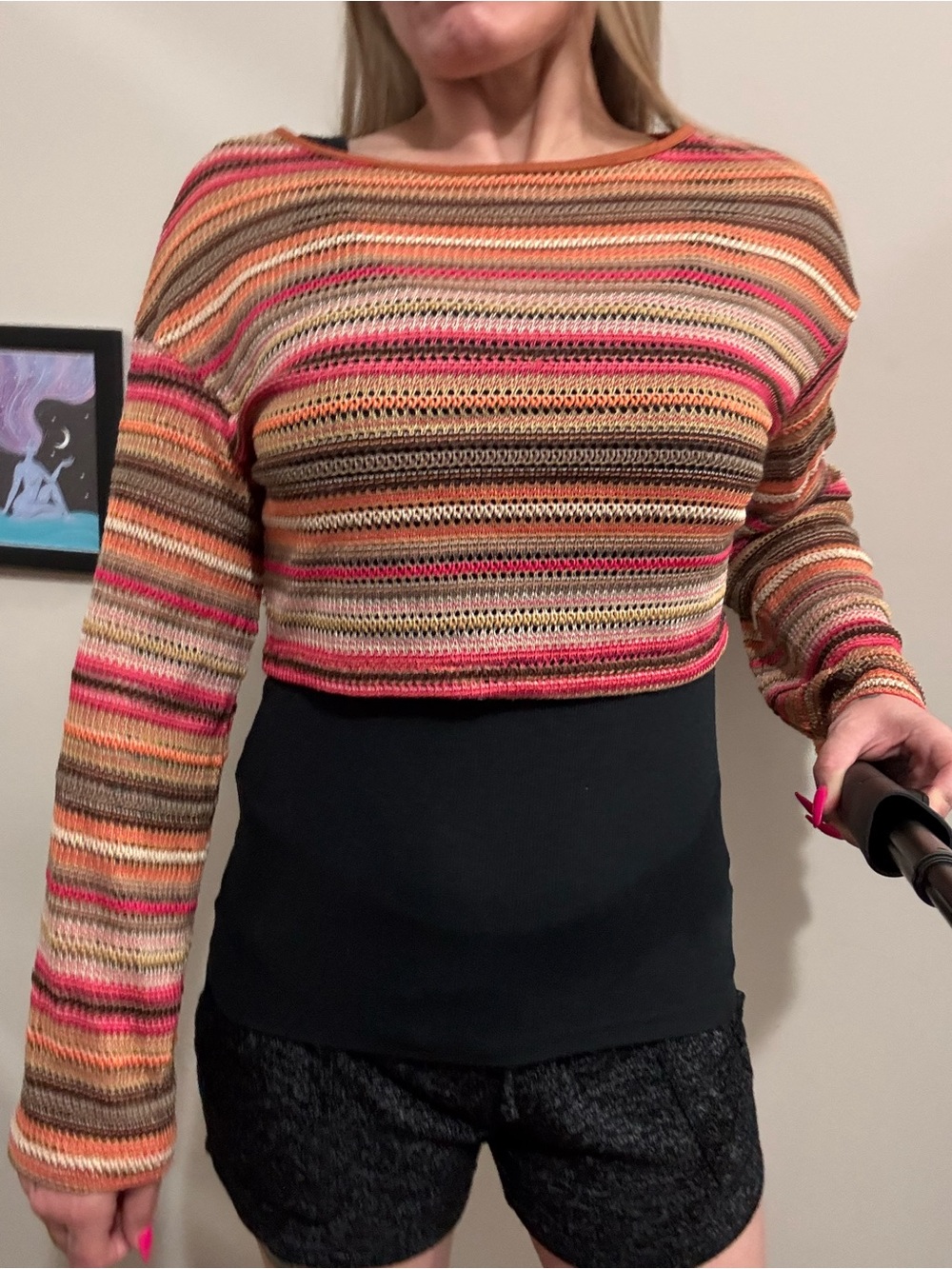 Striped Multicolor Crochet Knit Crop Sweater - Women's Orange Pink Brown